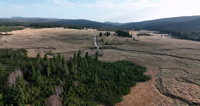 Aerial flyover of Jizera Meadow peat bogs in autumn