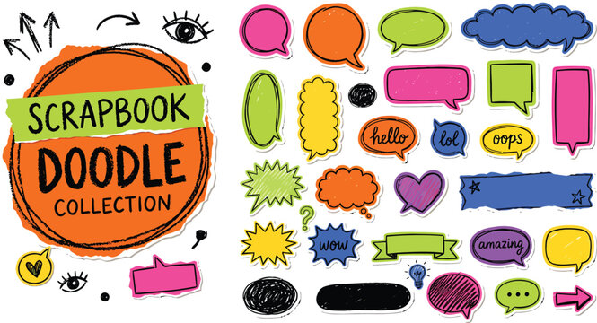 Scrapbook doodle collection featuring various colorful speech bubbles, thought clouds, arrows, and decorative isolated on a white background, for journaling and, creative projects
