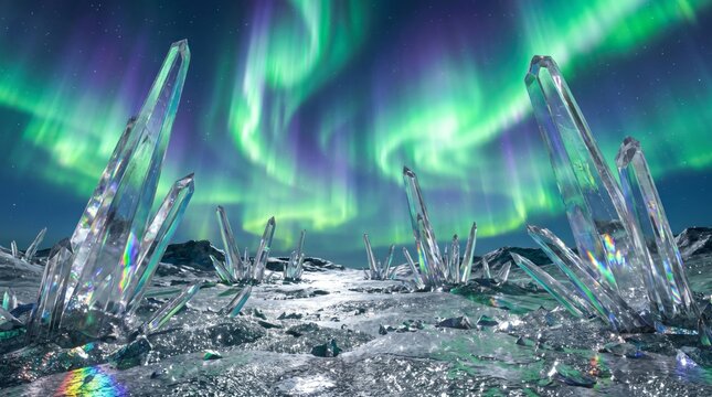 Luminous Crystal Spire Landscape Under Vibrant Green Aurora Borealis Night Sky