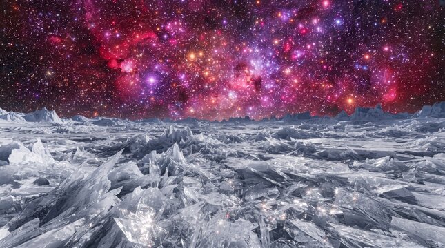 Starlit Cosmic Sky Over A Frozen Icy Alien Landscape With Deep Purple And Pink Nebula Clouds