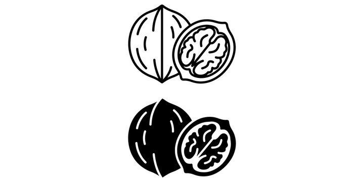 Walnut icons in outline and filled styles showing whole and halved nuts for food concepts.