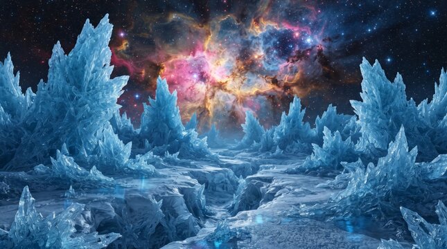Stellar Icy Landscape With Jagged Blue Crystal Formations Under A Vibrant Nebulous Galaxy Sky