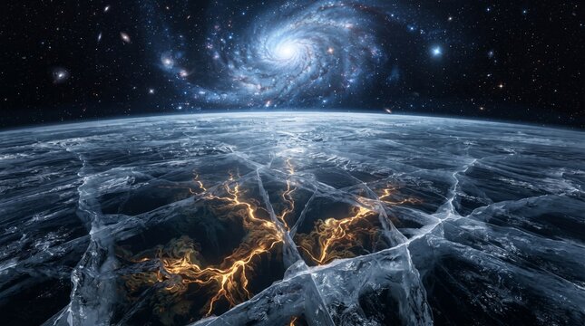 Breathtaking View Of Glowing Planet City Lights Beneath A Massive Spiral Galaxy In Deep Space