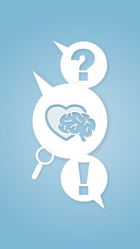 FAQ graphic representing mental health, psychology, and emotional well-being with a question mark, heart, brain, and exclamation mark symbols on a blue background.