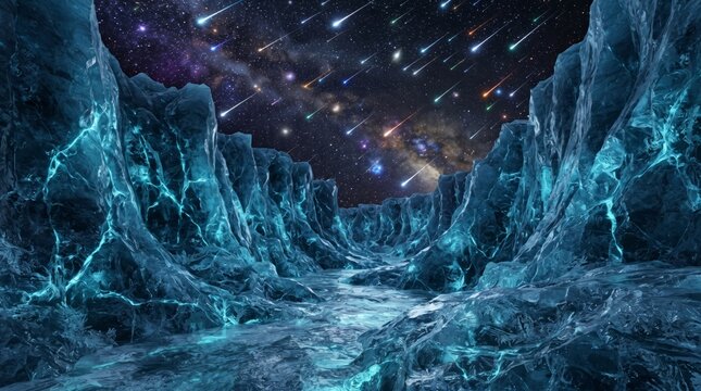 Bioluminescent Crystal Canyon Under A Vibrant Meteor Shower In The Night Sky