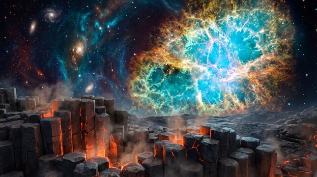 Fiery Volcanic Basalt Columns Beneath A Radiant Glowing Nebula In A Vast Deep Space Cosmos Scene