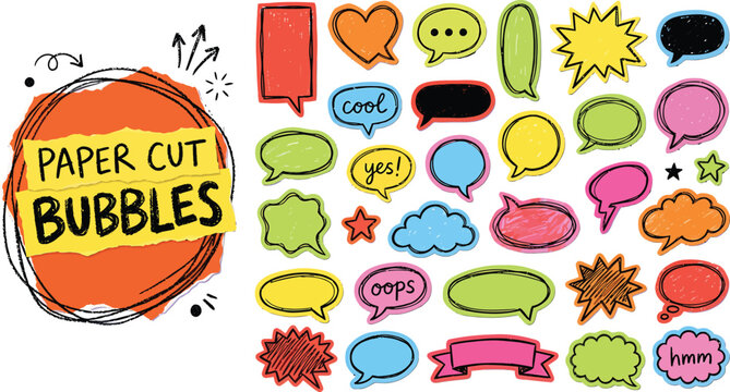 Assorted paper cut style speech bubbles and thought clouds doodle icon set featuring various shapes and textures for comic strips and messaging projects on a white background