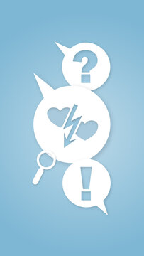 Conceptual graphic illustration depicting relationship issues with a heart symbol split by lightning, question mark, exclamation mark, and magnifying glass.