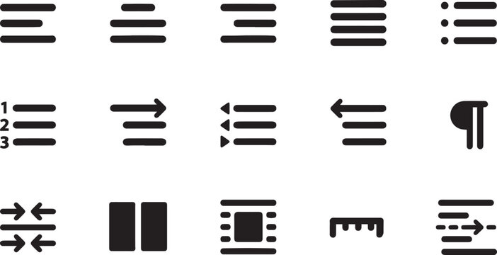 A collection of black text alignment and paragraph formatting icons presented as clean scalable professional design vectors for software