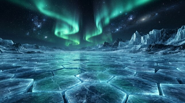 Stunning Green Aurora Borealis Over Glowing Hexagonal Ice Patterns In A Frozen Arctic Night Landscape