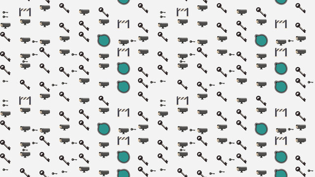 Security icons pattern with keys, cameras, and barriers