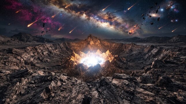 Fiery Meteor Impact On Rocky Alien Planet Surface Under Glowing Night Sky With Cosmic Nebula Clouds