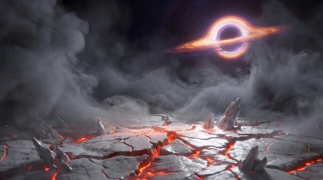 Glowing Black Hole Above A Volcanic Cracked Surface With Voluminous Gray Mist In Deep Outer Space