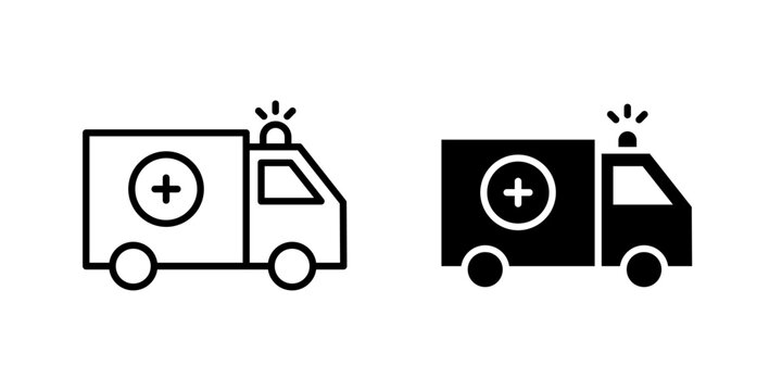 Ambulance Icon for Emergency Medical Transport Healthcare and Hospital Services Outline Stroke and Black Fill Vector Isolated on White Background