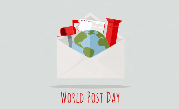 Minimalist envelope containing earth globe and pillar postbox flat vector graphic design honoring global world post day theme.