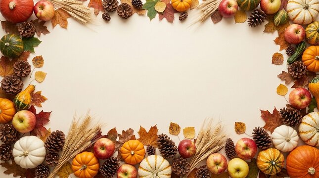 Autumn Elements Border with Pumpkins, Apples, Leaves, and Pinecones on a Beige Background