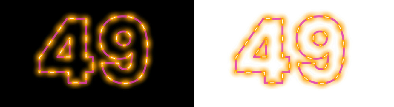 Glowing number forty nine written in bright orange neon light style for digital display design elements on dark and light contrast backgrounds