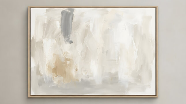 Framed horizontal abstract expressionist painting with neutral beige and gray strokes