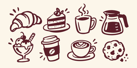 Naklejka na ściany i meble Coffee and Desserts Hand Drawn Doodle Set with Croissant, Cake Slice, Hot Coffee Mug, Latte, Cookie and Ice Cream 