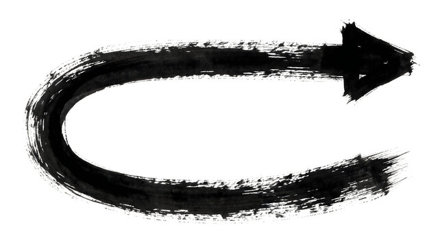 Black curved brush stroke arrow pointing forward created with ink texture and rough edges showing artistic hand drawn graphic design element on white background