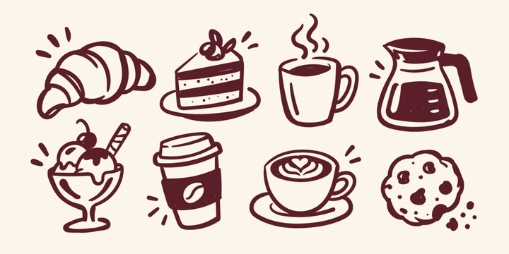 
Coffee and Desserts Hand Drawn Doodle Set with Croissant, Cake Slice, Hot Coffee Mug, Latte, Cookie and Ice Cream
