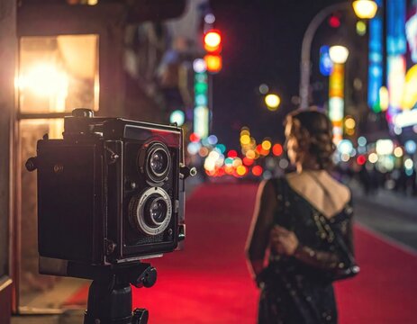 Elegant woman on red carpet with vintage camera.