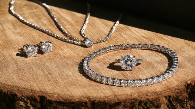 Elegant sparkling clear stone ring necklace bracelet and earrings jewelry set on natural wooden surface with sunlight reflection