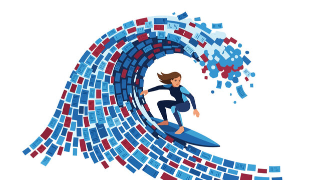 Athletic female surfer balancing on a massive wave of digital tickets and receipts flat design vector illustration