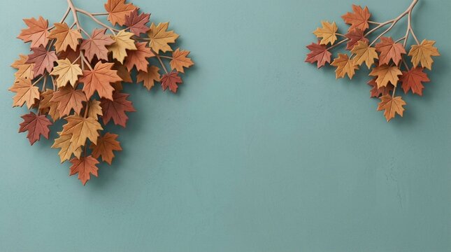 Maple Leaves on Teal Background, Autumn Foliage Design. Decorative Fall Elements for Seasonal