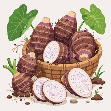 taro root in wicker basket freshly harvested organic tropical vegetable vector illustration