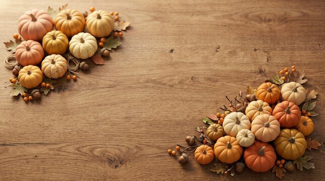 Mini Pumpkins Clusters on Wood Surface, Autumn Harvest Arrangement with Leaves and Berries