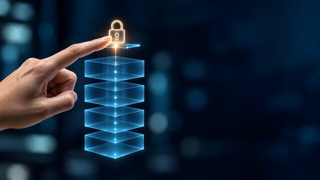 Finger touching glowing padlock above stacked digital blue layers representing database encryption and multi layered cybersecurity protection