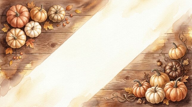 Pumpkin Clusters Watercolor Illustration with Autumn Leaves and Berries on a Rustic Wooden