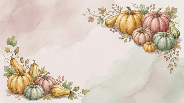 Pumpkin Clusters Watercolor Illustration with Autumnal Leaves and Gourds, a Harvest Season Design