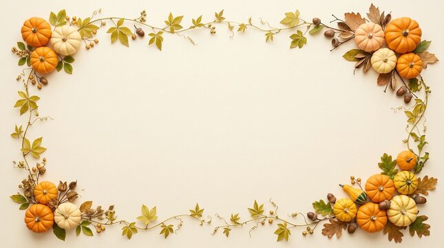 Pumpkins and Autumn Foliage Frame on Cream Paper Texture. Rustic Harvest Design for Seasonal