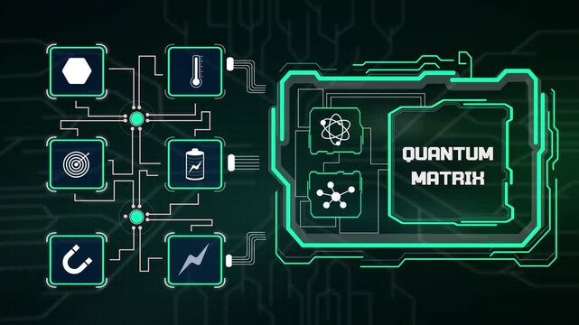Subatomic quantum matrix grid interface visualizing multidimensional particle interactions, binary qubit alignment and data