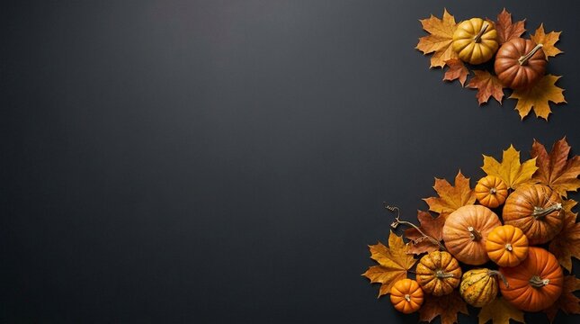 Pumpkins and Leaves Arranged on a Dark Background, Autumnal Harvest Concept