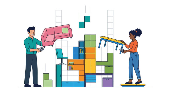 Professionals playing gamified furniture arrangement puzzle for skills assessment flat vector illustration
