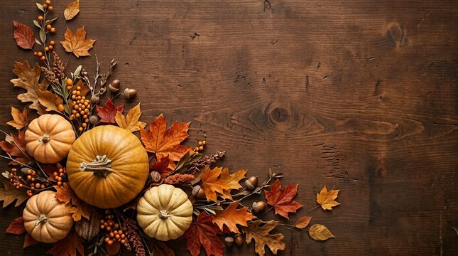 Pumpkins and Maple Leaf Cluster on Rustic Wooden Background. Autumn Harvest Still Life Arrangement