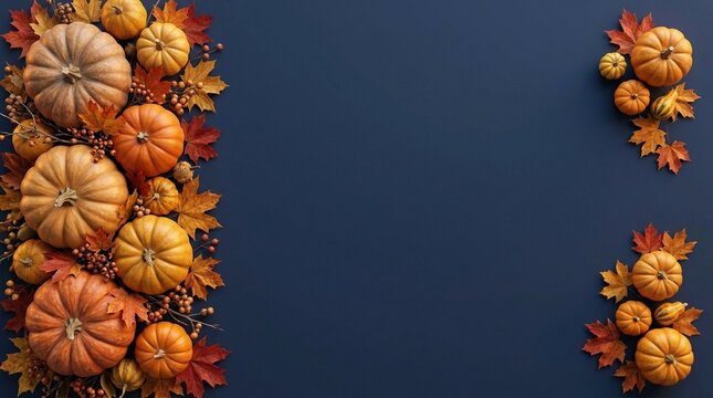 Pumpkins and Maple Leaves Arrangement on a Dark Blue Background