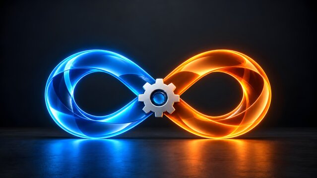 Glowing blue and orange neon infinity loop with central metallic gear representing continuous integration and automated system operations