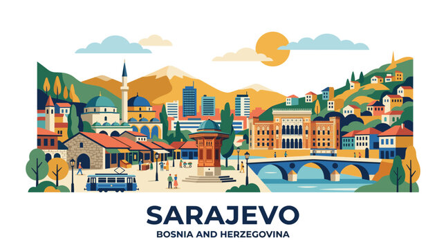Vibrant illustrated panorama of Sarajevo showcasing historic landmarks and diverse cityscape with natural and architectural