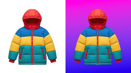 Colorful children winter puffer jacket front and back view © Khandakar