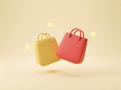 Floating shopping bags with stars 3d render pastel yellow background