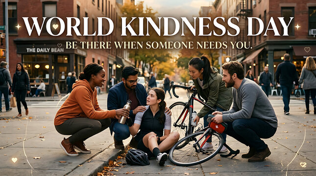 Group of diverse friends helping a young woman with a broken bicycle on a city street during world kindness day to celebrate community support and compassion in daily life