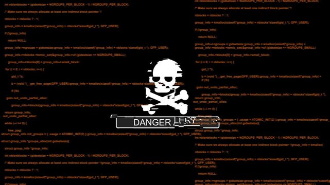 Cyber security danger alert: skull over glowing programming code background, skull and crossbones, software development