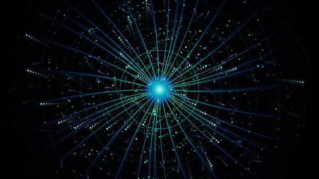 Abstract light burst expanding outwards with radiating energy trails in darkness