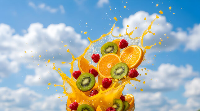 Vibrant fruit splash orange kiwi and raspberry in dynamic water burst