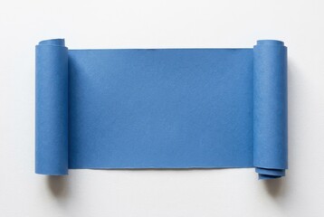 Obraz premium Minimalist Blue Paper Scroll Banner with Rolled Edges on White Background for Copy Space and Design