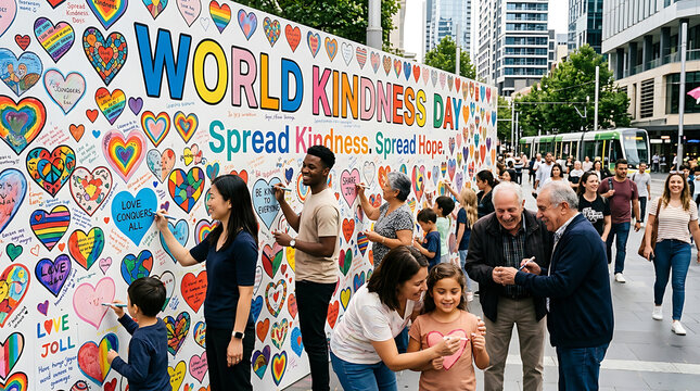 Diverse group of happy people interacting with a colorful interactive pixel art wall display in a busy urban city street setting during a public community art festival event